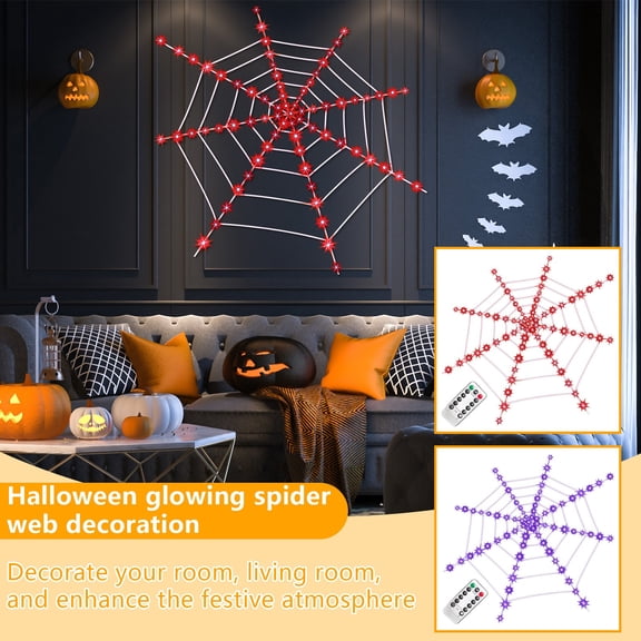 12FT Halloween Spider Web Lights, 120 Purple LED Light Up Giant Spiderweb with Remote Control, Huge Cobweb String Lights Decorative for Party Indoor Outside House Porch Yard Garden