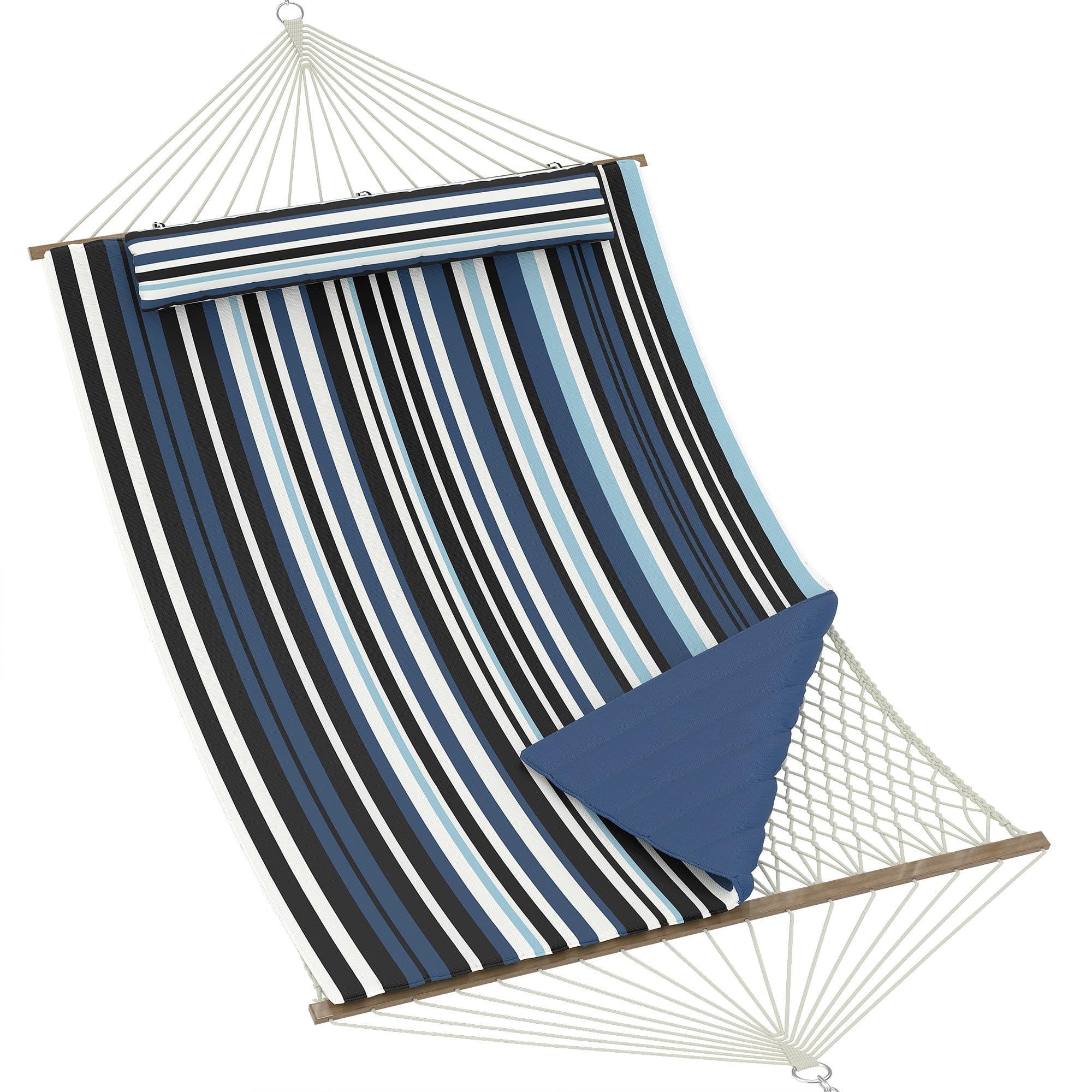 12FT Hammocks for 2 Person Indoor Outdoor, Quilted Fabric Hammock with Spreader Bar, Large Removable Pillow, Storage Pockets, Carabiners, Max 450 Lbs Capacity, Blue Striped