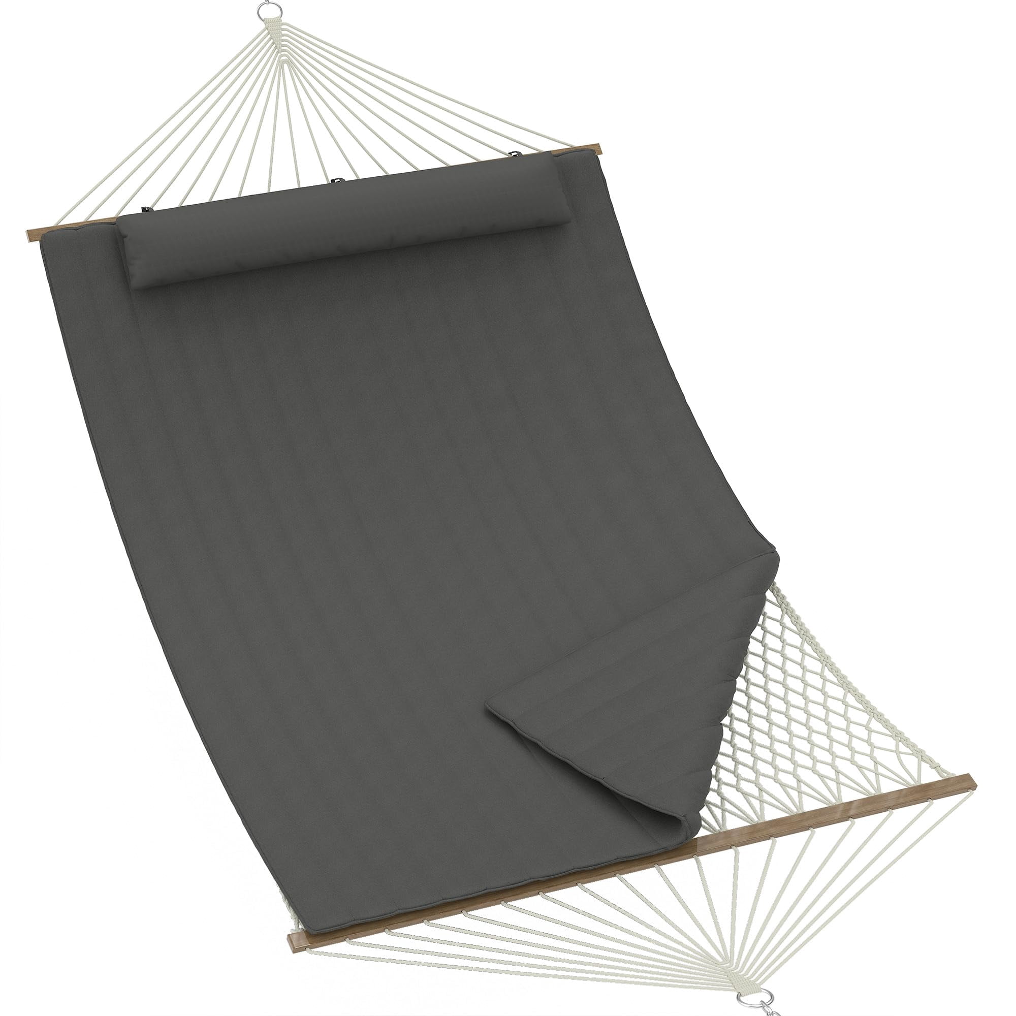 12FT Hammocks for 2 Person Indoor Outdoor, Quilted Fabric Hammock with Spreader Bar, Large Removable Pillow, Storage Pockets, Carabiners, Max 450 Lbs Capacity, Dark Gray