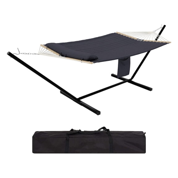 12FT Heavy Duty Hammock with Stand for 2 Persons - 500LB Capacity, Weather-Resistant Quilted Polyester, V-Shaped Spreader Bar, Steel Frame, Carry Bag for Patio, Garden, Backyard - Dark Gray