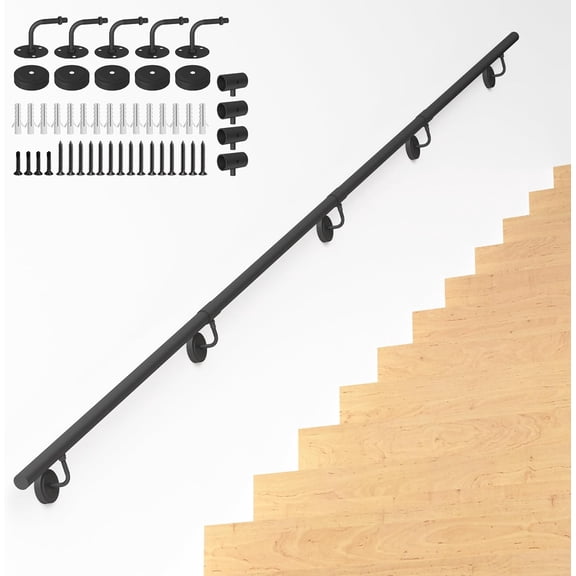 12FT Industrial Metal Stair Handrail,Round Pipe Stair Railing for Indoor/Outdoor Steps,Wall Mount Support Staircase Handrails,440LBS Load Capacity Hand Rails,Safety Grab Bar Porch Stairway Railing
