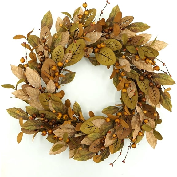20IN Autumn Wreath with Brown Magnolia Leaves and Pomegranate Berries for Thanksgiving Halloween Door Decor