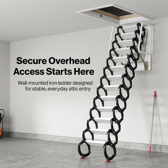 12FT Iron Foldable Ladder, 12-Step Black+White Treads, 1102 LBS Capacity, Wall Mounted Non-Slip Grip with Armrests, Pull Down Attic Stairs for Garage Storage Loft