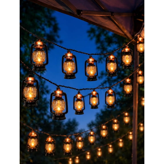 12FT Kerosene Lantern String Lights, 20 LED Warm White, Black Wire | Plug-In, IP44 Water-Resistant, End-to-End Connectable Camping String Lights For RV Awning, Patio, Porch, Gazebo And Garden