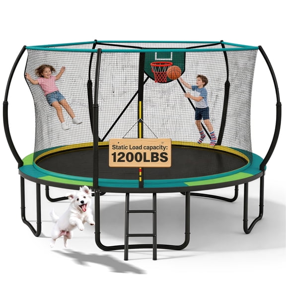 12FT Trampoline for Kids with No-gap Design, SHINPT Outdoor Trampoline with Basketball Hoop, 12FT Kids Trampoline with 1200LBS Capacity, Big Trampoline Outdoor for Backyard, Large Trampoline Outdoor