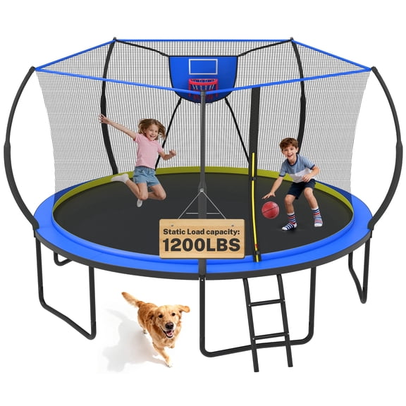 12FT Trampoline for Kids with No-gap Design, SHINPT Outdoor Trampoline with Basketball Hoop, 12FT Kids Trampoline with 1200LBS Capacity, Big Trampoline Outdoor for Backyard, Large Trampoline Outdoor