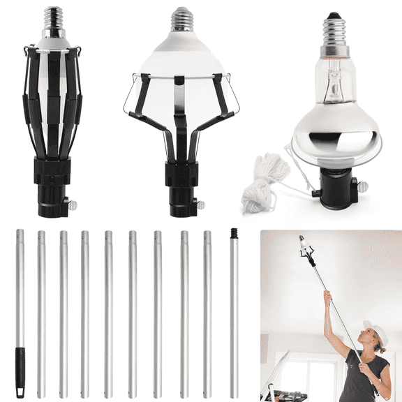 12FT Light Bulb Changer for High Ceilings, Snap-On Extension Pole with Baskets & Suction Cup