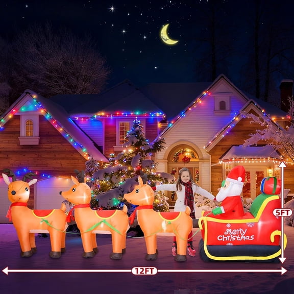 12FT Long Christmas Inflatables Outdoor Decorations, Inflatable Santa Claus on Reindeer Sleigh Built-in LED Lights, Christmas Blow Up Yard Decorations for Holiday Outdoor Garden Lawn Decor