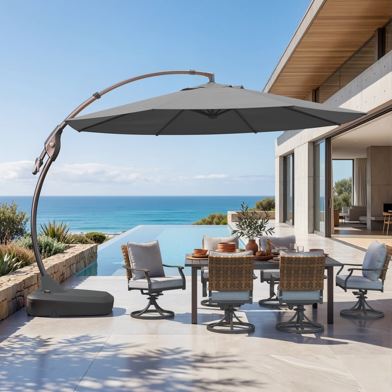 12' cantilever patio umbrella EVERITE 12 ft Offset Cantilever Patio Umbrella with Base, Outdoor Curved  Sunshade for Pool, Deck & Patio,Charcoal Gray