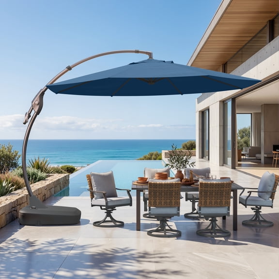 EVERITE 12ft Offset Cantilever Patio Umbrella with Base, Outdoor Curved Sunshade for Pool, Deck & Patio,Navy Blue