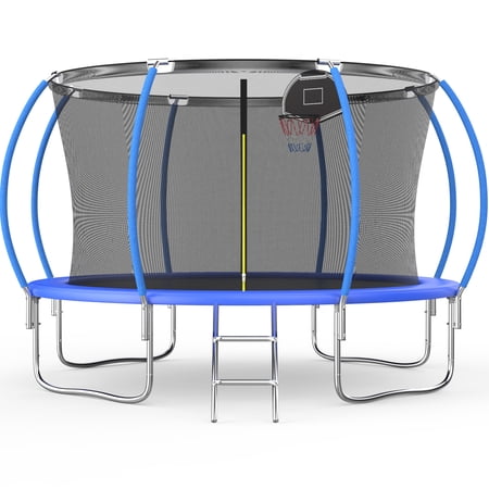 12FT Outdoor Trampoline with Basketball Hoop and Ladder for Kids and Adults,Heavy Duty Recreational Pumpkin Trampoline with Safety Enclosure,Anti-Rust Frame,Backyard Trampoline for Gift