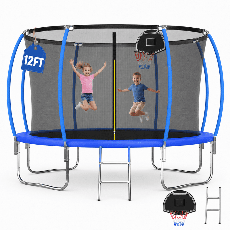 12FT Outdoor Trampoline with Basketball Hoop and Ladder for Kids and Adults，Heavy Duty Recreational Pumpkin Trampoline with Safety Enclosure,Anti-Rust Frame,Backyard Trampoline for Gift,Blue