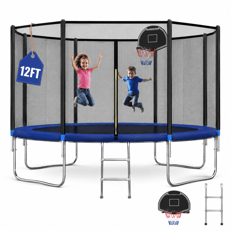 12FT Outdoor Trampoline with Basketball Hoop and Ladder for Kids and Adults，Heavy Duty Recreational Trampoline with Safety Enclosure,Anti-Rust Frame,Backyard Trampoline for Gift,Blue