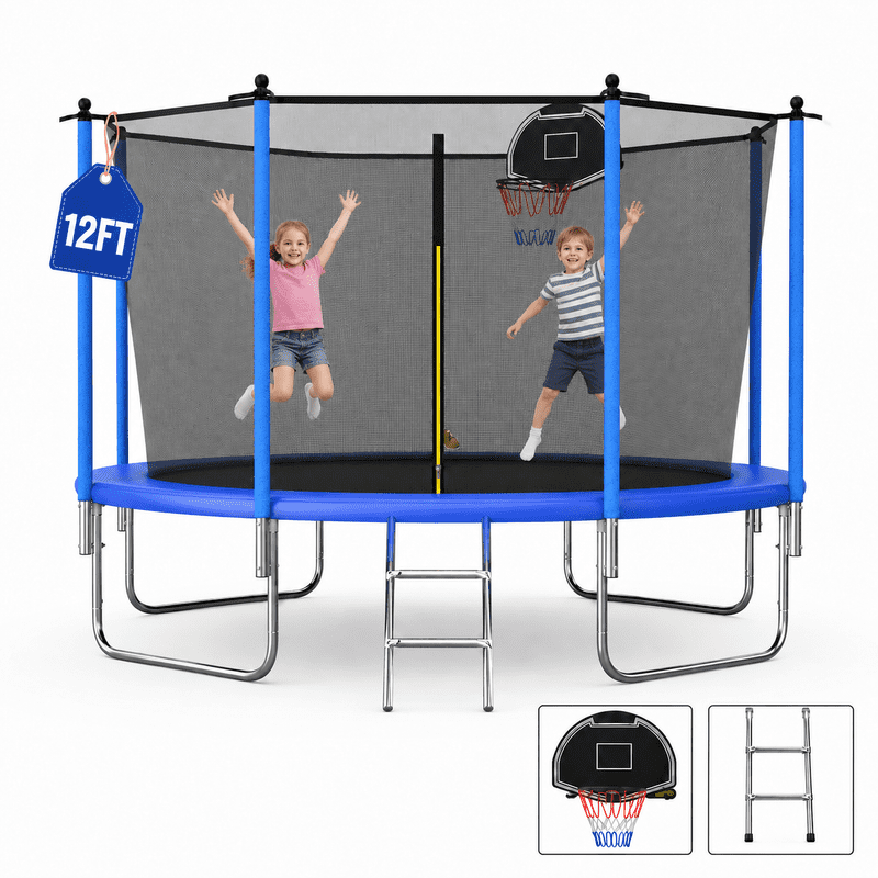 12FT Outdoor Trampoline with Basketball Hoop and Ladder for Kids and Adults，Heavy Duty Recreational Trampoline with Safety Enclosure,Anti-Rust Frame,Backyard Trampoline for Gift,Black