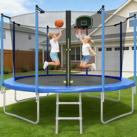 12Ft Trampoline with Basketball Hoop for Kids and Adults, Recreational Trampoline with Safety Enclosure Net, Outdoor Trampolines with Heavy-Duty Steel Frame for Boys & Girls, Backyard, Patio, Garden