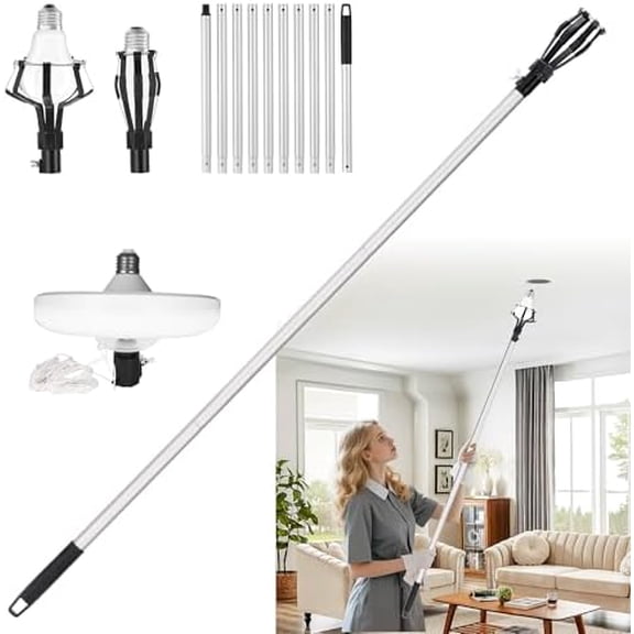 12FT Pole Light Bulb Changer for High Ceilings - Snap-On Pole Connection, Sturdy & Durable, Easy to Assemble - with 8-Finger Cage & Suction Cup - Fits Standard/Medium/Large LED Bulbs