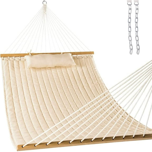 12FT Quilted Fabric Double Hammock with Spreader Bars and Detachable Pillow, 2 Person Hammock for Outdoor Outside Patio Garden Yard Pool Beach (Linen)
