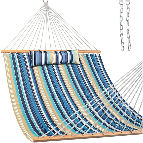 12FT Quilted Fabric Hammock with Pillow, Double 2 Person Hammock with Spreader Bar for Outdoor Outside Patio Garden Yard Pool Beach QFH034