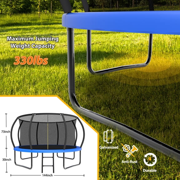 12FT Recreational Kids Trampoline with Safety Enclosure Net & Ladder, Blue Steel Frame Outdoor Trampoline for Backyard Fun
