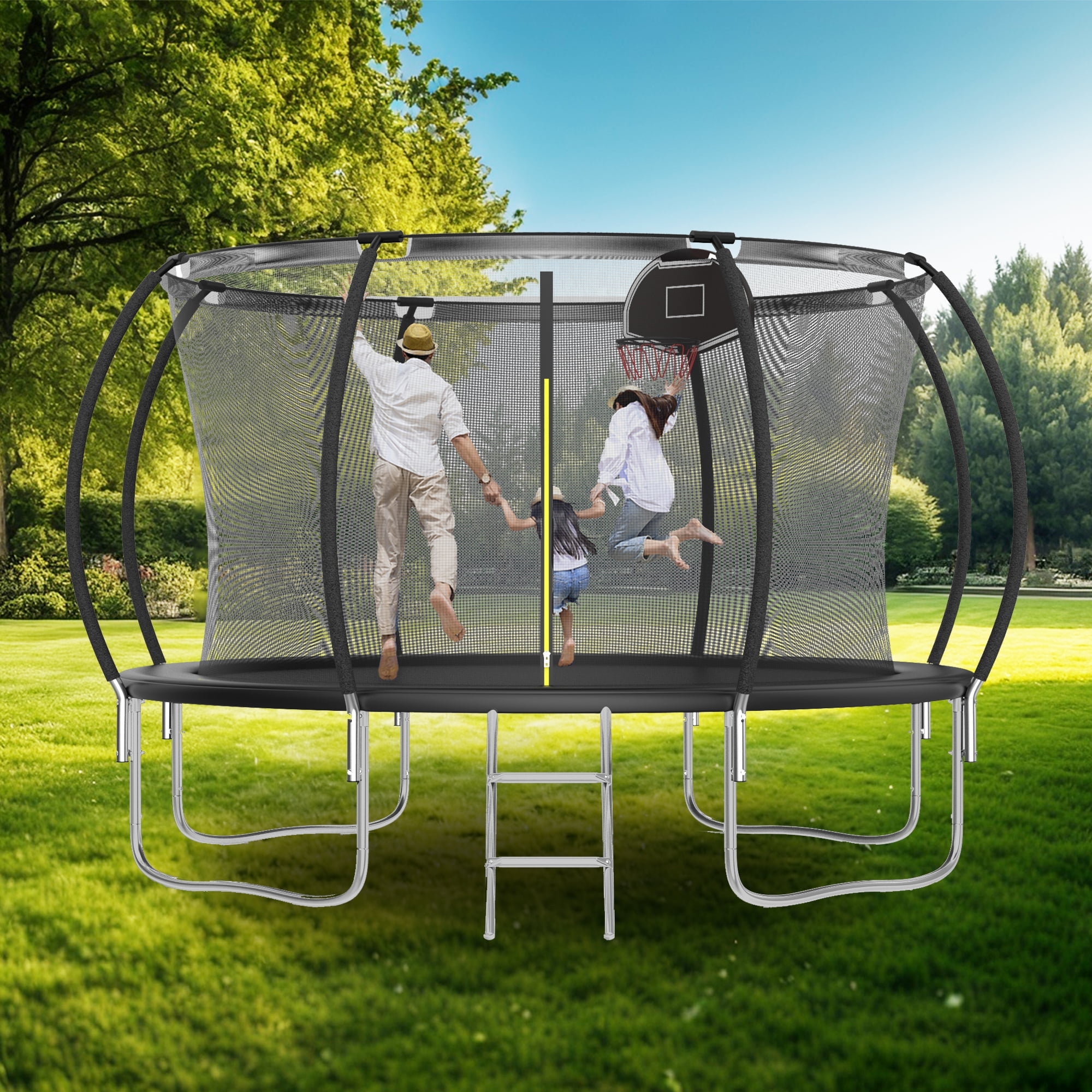 12FT Round Black Trampoline with Safety Enclosure and Basketball Hoop