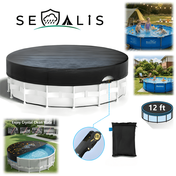 Seralis 12' Round Pool Cover with Winch & Cable Solar Cover for Above Ground Pools UV Resistant Waterproof Black