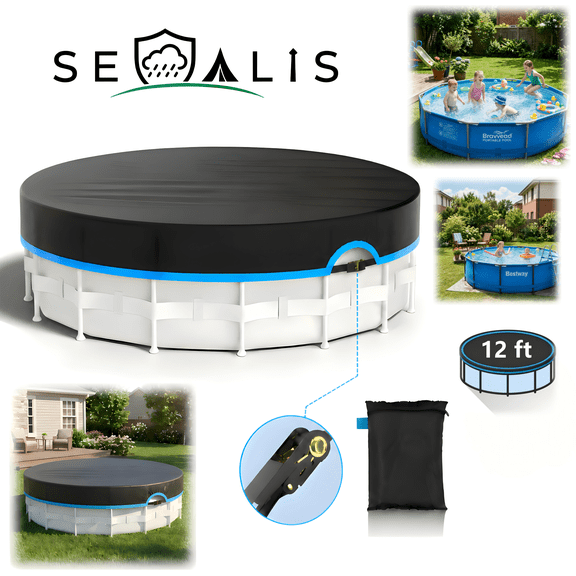 Seralis 12' Round Pool Cover with Winch & Cable Solar Cover for Above Ground Pools UV Resistant Waterproof Blue