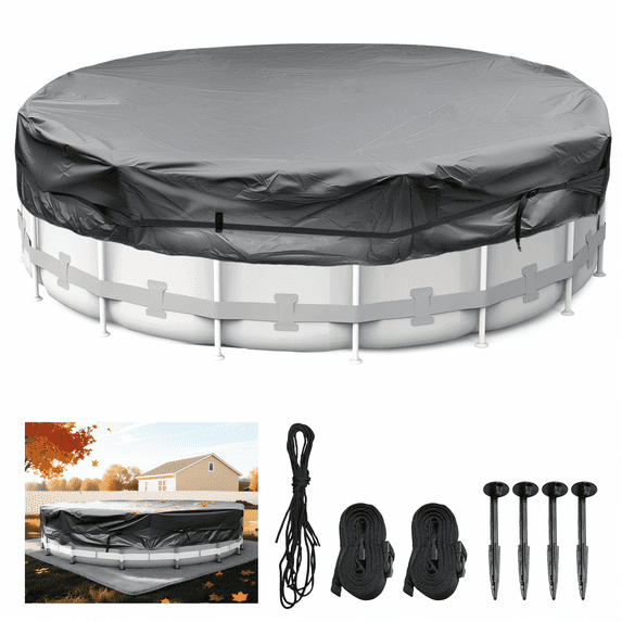 12FT Round Pool Cover Oxford Fabric Swimming Pool Cover for Above Ground Pool Inflatable with Elastic Cord, Safety Buckle and Ground Stake UV Protected