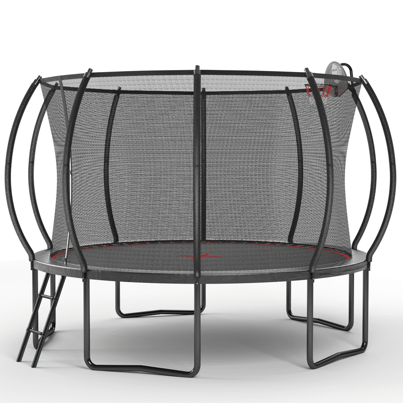 12FT Round Trampoline with Safety Enclosure, Basketball Hoop & Ladder, Galvanized Steel Frame, Outdoor Backyard Trampoline for Kids, Black