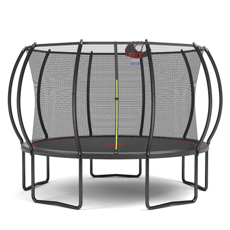 12FT Round Trampoline with Safety Enclosure Net & Basketball Hoop, Outdoor Backyard Trampoline for Kids, Black