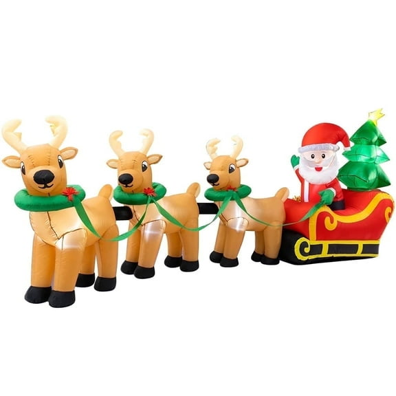 12 FT Lighted Christmas Inflatables Santa Claus on Sleigh with 3 Reindeer & Christmas Tree for Indoor Outdoor Home Holiday Decor