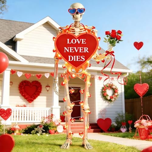 12FT Skeleton Valentine Outfit, Giant Skeleton Clothes Accessories with LED Heart Light String, Sunglasses, Roses & Heart Hanging Sign, Romantic Outdoor Lawn & Garden Display, Skull Not Included