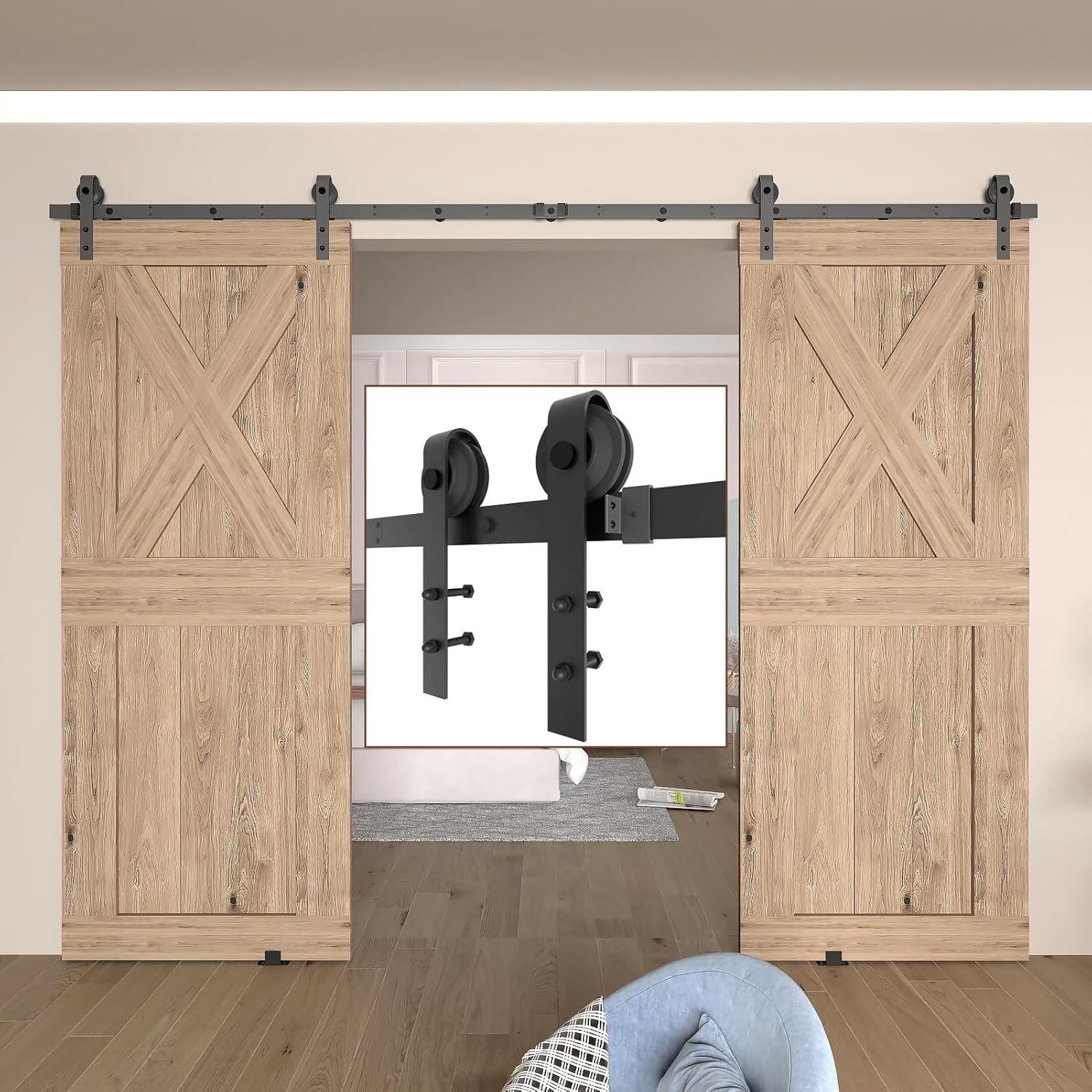 12FT Sliding Barn Door Hardware Track Kit for Double Door, Stable Screw