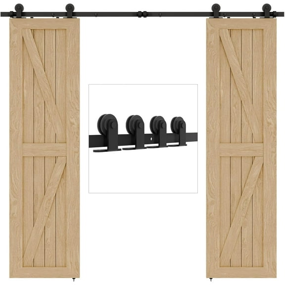 12FT Sliding Barn Double Door Hardware Cabinet Closet Track Kit Top Mount T Rollers Hangers Set for 2 Doors Black