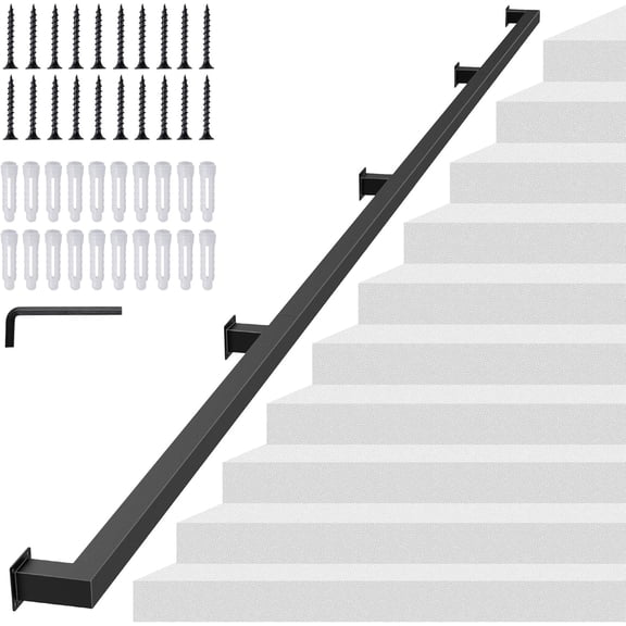 12FT Square Tube Handrail for Indoor Stair,Matte Black Industrial Metal Stair Rail,500LBS Load Capcity Wall Mount Stair Hand Rail for Child,Seniors,Pregnant,Non-Slip Outdoor Iron Stair Rail,4 Section