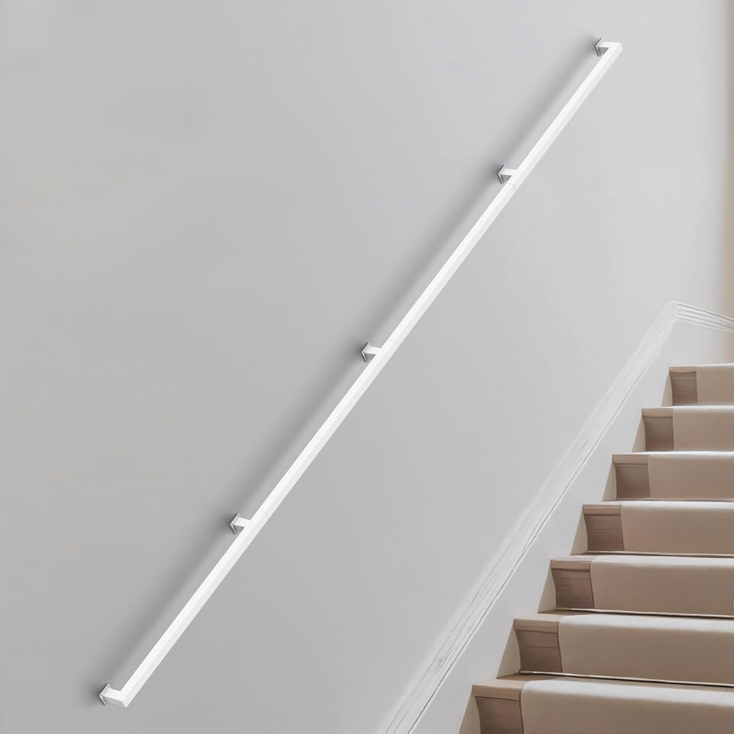 12FT Square Tube Handrail for Indoor Stairs,White Metal Stair Railing ...