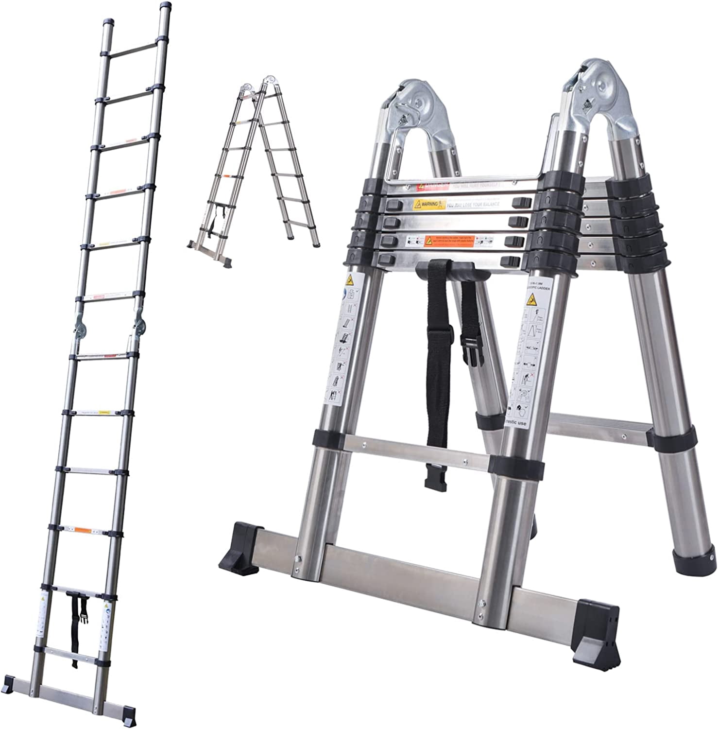 12FT Telescoping Ladder, Telescopic A-Frame Extension Ladder Stainless ...