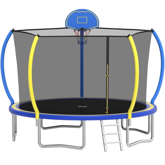 12FT Trampoline with Basketball Hoop for Kids and Adults, SEGMART Upgrade Outdoor Trampoline with Safety Enclosure Net, Heavy Duty Backyard Trampoline with Ladder for Lawn Garden Yard, Bule