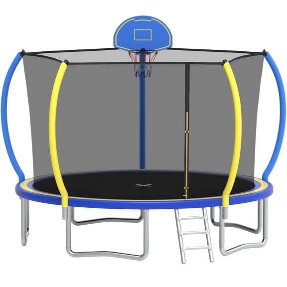 12FT Trampoline with Basketball Hoop for Kids and Adults, SEGMART Upgrade Outdoor Trampoline with Safety Enclosure Net, Heavy Duty Backyard Trampoline with Ladder for Lawn Garden Yard, Bule