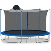 12FT Trampoline with Basketball Hoop, Outdoor Trampoline with Stakes and Ladder, Recreational Trampoline with Safe Enclosure Net, Outdoor Trampoline for Kids Teens Adults