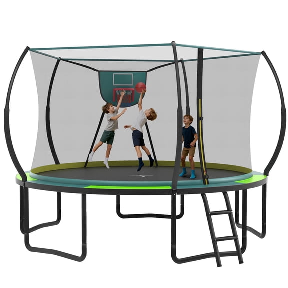 12FT Trampoline with Enclosure for Kids Adults, SEGMART Outdoor Pumpkin Round Recreational Trampoline with No-Gap Design, Heavy Duty Backyard Trampoline with Basketball Hoop for Indoor Outdoor