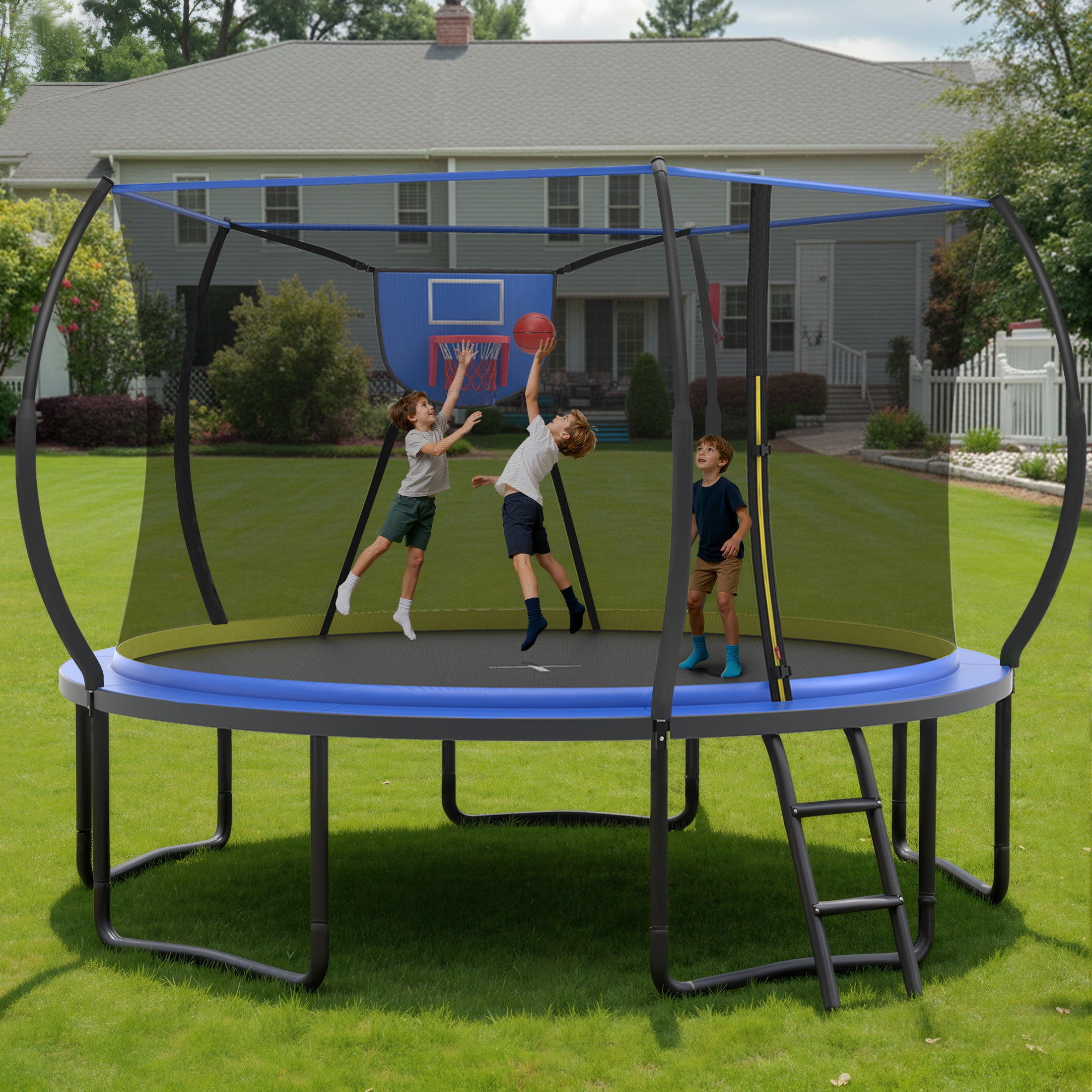 12FT Trampoline with Enclosure for Kids Adults, SEGMART Outdoor Pumpkin Round Recreational Trampoline with No-Gap Design, Heavy Duty Backyard Trampoline with Basketball Hoop for Indoor Outdoor