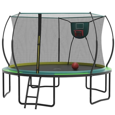 12FT Trampoline with Enclosure for Kids Adults, Outdoor Pumpkin Round Recreational Trampoline with No-gap Design, Heavy Duty Backyard Trampoline with Curved Fiberglass Poles for Indoor Outdoor, Green