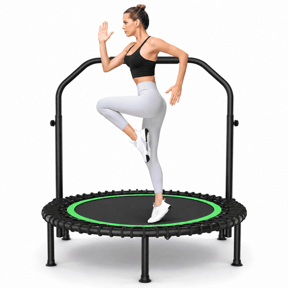 40" Trampoline with Resistance Ropes,Fitness Foldable Mini Trampoline Max Load 450lbs, 4-Level Height-Adjustable Foam Handle,Indoor/Outdoor Rebounder for Adults