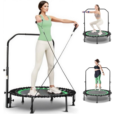 40" Trampoline with Resistance Ropes,Fitness Foldable Mini Trampoline Max Load 450lbs, 4-Level Height-Adjustable Foam Handle,Indoor/Outdoor Rebounder for Adults