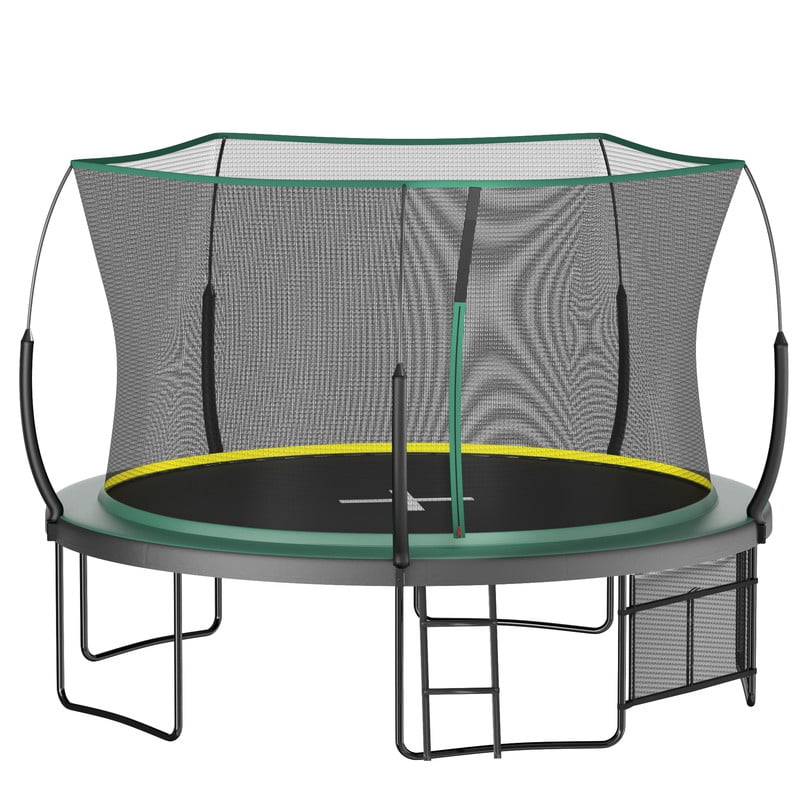 12FT Trampoline for Kids & Adults, Outdoor Recreational Trampoline with Enclosed Safety Net, Ladder & Shoe Bag, Bungee Spring Trampoline for Backyard, Heavy-Duty Galvanized Steel Frame Green