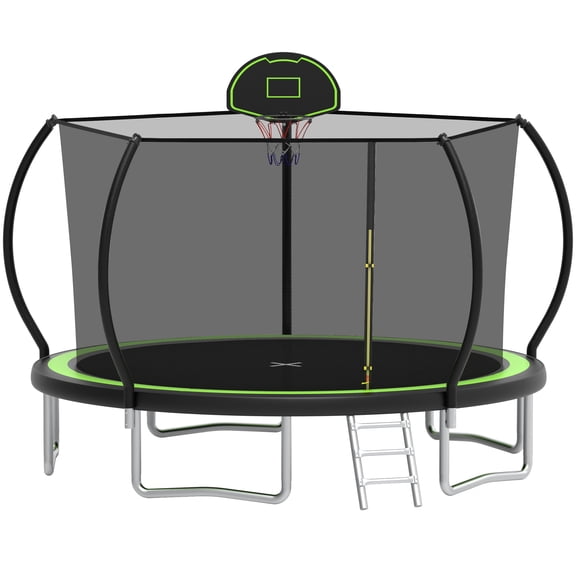12FT Trampoline for Kids and Adults with Safe Enclosure Net, SEGMART Round Recreational Trampoline with Basketball Hoop, Upgrade Outdoor Trampoline with Ladder for Backyard Park