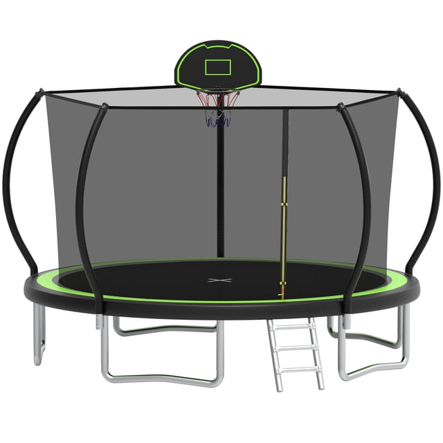 12FT Trampoline for Kids and Adults with Safe Enclosure Net, SEGMART Round Recreational Trampoline with Basketball Hoop, Upgrade Outdoor Trampoline with Ladder for Backyard Park