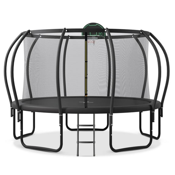 12FT Trampoline for Kids with Safety Enclosure and Wear-resistant and Anti-UV Jumping Mat, Recreational Trampolines with Basketball Board and 10 Ground Stakes, Outdoor Trampoline, Black