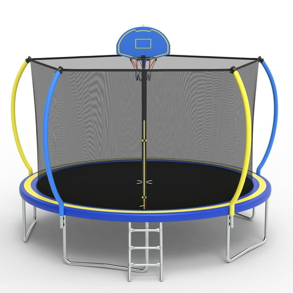 12FT Trampoline for Kids - Seizeen Round Trampoline W/ Enclosure Net & Hoop, Outdoor Colorful Trampoline with Waterproof Cover & Ladder