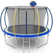 12FT Trampoline for Kids - Seizeen Round Trampoline W/ Enclosure Net & Hoop, Outdoor Colorful Trampoline with Waterproof Cover & Ladder, Large Capacity 550 lbs